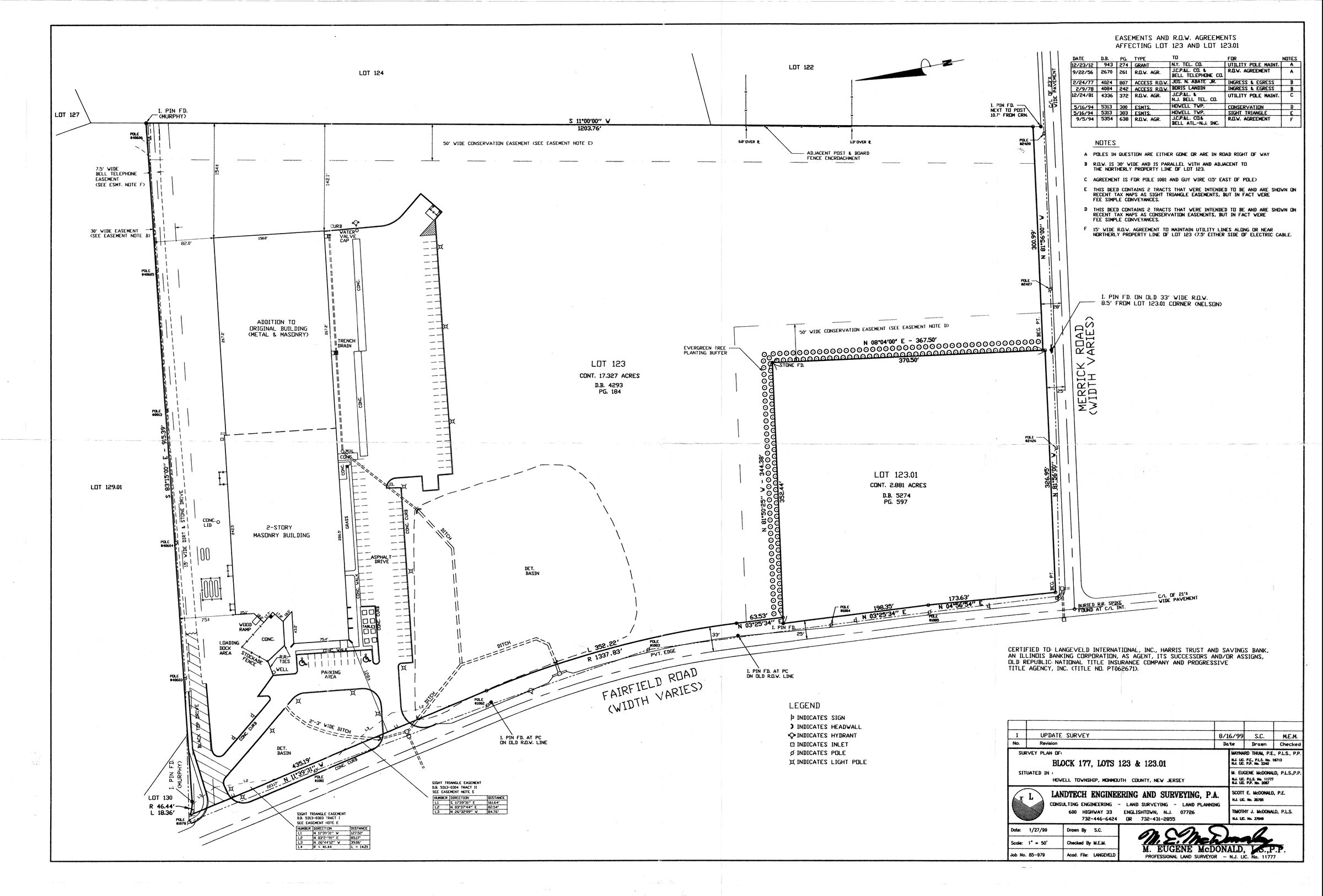 Survey Plan of Block 177, Lots 123 & 123.01: Fairfield Road along the bottom, Merrick Road at the right, the building at the left, Lot 123.01 at the lower right corner and two detention basins.